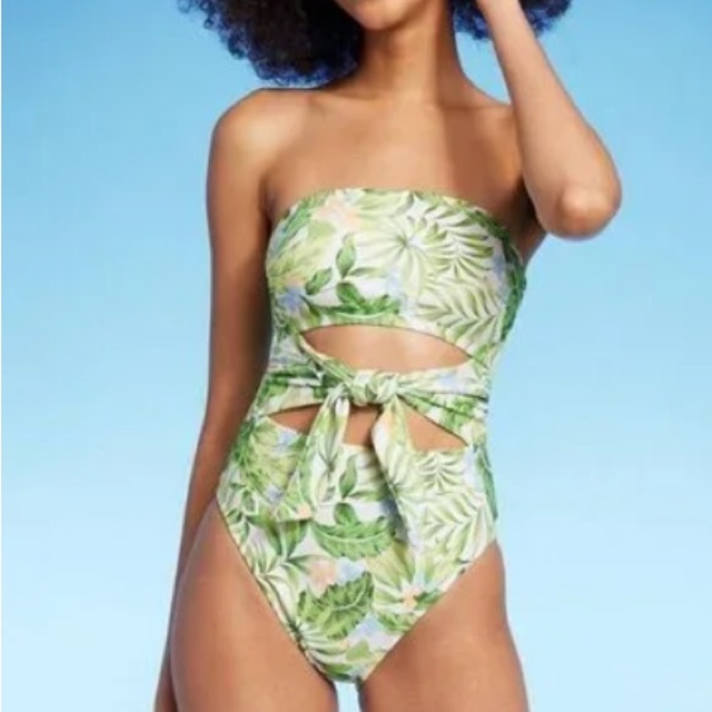 Shade Shore Tropical Green Cut Out Tie Front Cut Out One Piece Swimsuit S/M NEW